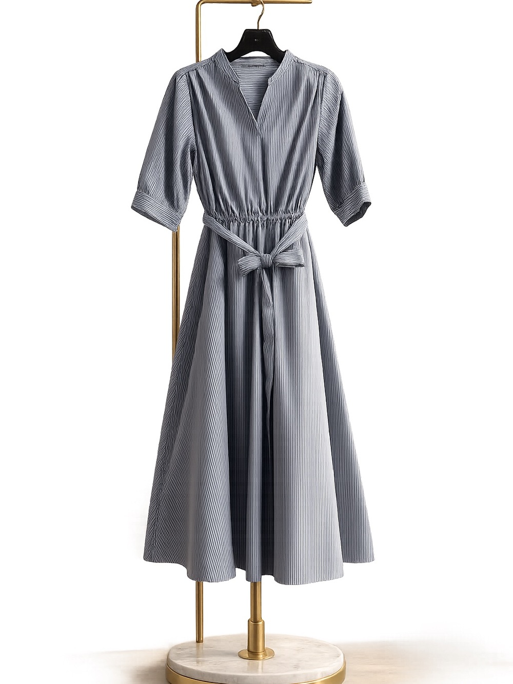 Striped Light Blue Midi Shirt Dress with Tie Waist